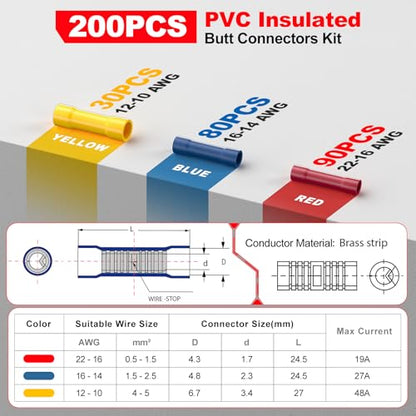 AIRIC Wire Butt Splice Connectors Kit Insulated Electrical Crimp Terminal - size: 200 PCS