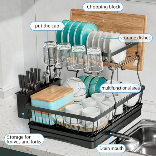 7 code 2-Tier Large Dish Drying Rack for Kitchen Counter, Black - color: Black