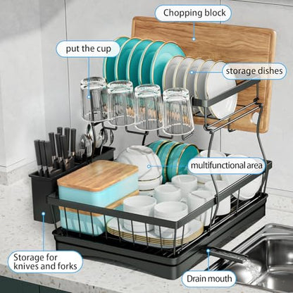 7 code 2-Tier Large Dish Drying Rack for Kitchen Counter, Black - color: Black