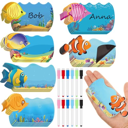 Henoyso 60 Pcs Ocean Name Tags Magnetic for Classroom with 12 Markers - style: Ocean