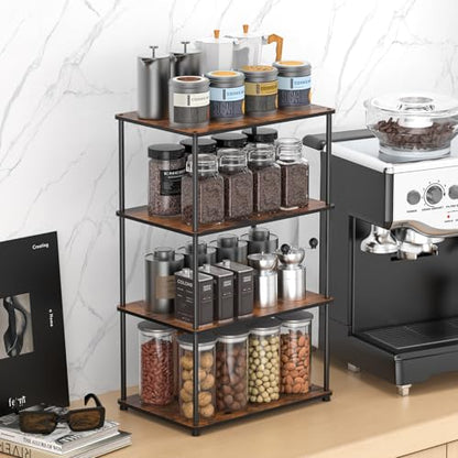 Countertop Spice Rack, Stackable Wood & Metal Pantry Cabinet Shelf Organizer Storage, 4-Tier or Split into 2×2-Tier, Multi-Use for Kitchen Bathroom Desktop Home Office, Rustic Brown - size: 4 Tier