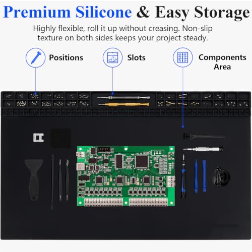 Extra Large Soldering Mat 932°F Heat Resistant Silicone Solder Mat 27.6''x15.7'' Non-Slip Large Repair Workbench Pad for Electronics Phone Watch Computer Laptop Repair BGA Soldering Iron (Black) - color: Black