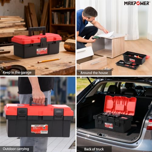 MAXPOWER 2-Pc Plastic Tool Box, 12" Small & 17" Portable Toolbox, Lockable - color: Red, size: 12" 17"
