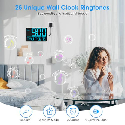 13" Bluetooth Auto Sync Wall Clock - Large Digital Alarm Clock with Remote - style: Blue Numbers
