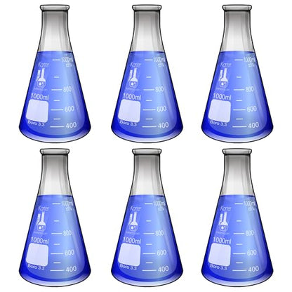 1000ml Narrow Mouth Erlenmeyer Flask, 3.3 Borosilicate Glass, Karter Scientific 213G14 (Pack of 6) - size: 1L, style: Pack of 6