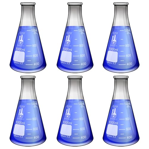 1000ml Narrow Mouth Erlenmeyer Flask, 3.3 Borosilicate Glass, Karter Scientific 213G14 (Pack of 6) - size: 1L, style: Pack of 6