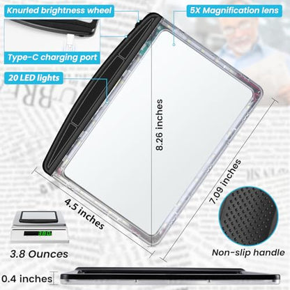 Rechargeable 5X Magnifying Glass for Reading, Large Bright Full Page Magnifier with Light, Handheld LED Dimmable Lighted, Lightweight Book Magnifier for Reading Small Prints Seniors Low Vision - color: Black