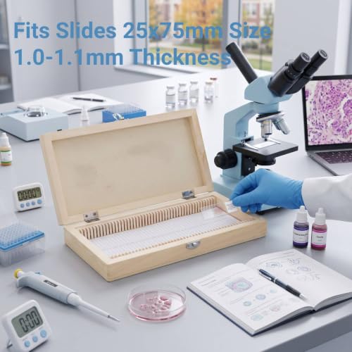 Oumefar Wooden Microscope Slide Box, 50 Slots with Hinged Lid