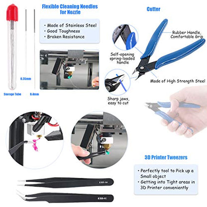 Glarks 34Pieces 3D Printer Nozzle Cleaning Removal Tool Kit, Including 0.35mm 0.4mm Cleaning Needles, Wood Carving Tools Kit, Knife Clean Up Kit, Tweezers, Scraper, Wire Cutter