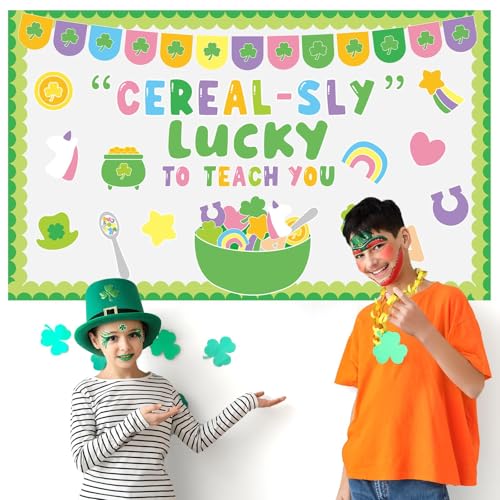 St. Patrick's Day Bulletin Board Set March Classroom Decorations Lucky Shamrock Unicorn Paper Cutouts St. Patrick's Day Green Bulletin Board Borders for School Wall Door Decor - style: Luck to Teach You