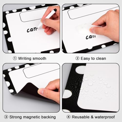 7Pcs Magnetic Write & Wipe Blank Labels, Black & White Polka Dot Dry Erase Learning Magnets with 1 Black Pen & Back Card (30 * 20cm), Classroom Office Home Organization Supplies - style: Polka Dot