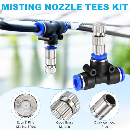 M METERXITY 5-Set Brass Misting Nozzles Tees Kit, 0.031"/0.8mm Orifice Mister Replacement Nozzles with Filter Mesh for Outdoor Cooling System/Greenhouse, 1/4" Water Misting Nozzle Tees Kits - size: 0.031"/0.8mm