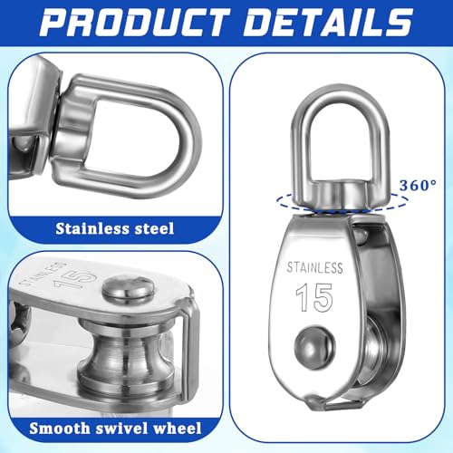 16 Pack M15 Small Rope Pulleys 304 Stainless Steel Wire Rope Cable Pulley Wheel Heavy Duty Clothes Line Swivel Pulley Hanging Wire Towing Wheel for Lifting