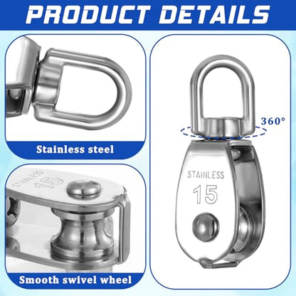16 Pack M15 Small Rope Pulleys 304 Stainless Steel Wire Rope Cable Pulley Wheel Heavy Duty Clothes Line Swivel Pulley Hanging Wire Towing Wheel for Lifting
