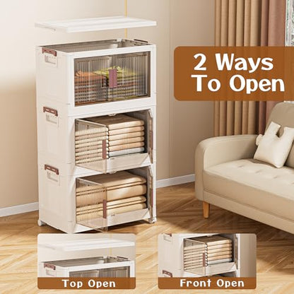 45GAL/180QT 3 tier large stackable storage bins with lid and wheels, collapsible storage bins plastic with doors，suit for clothes, closet, home and office - size: 60QT, style: 3 Pack with 1 top lid