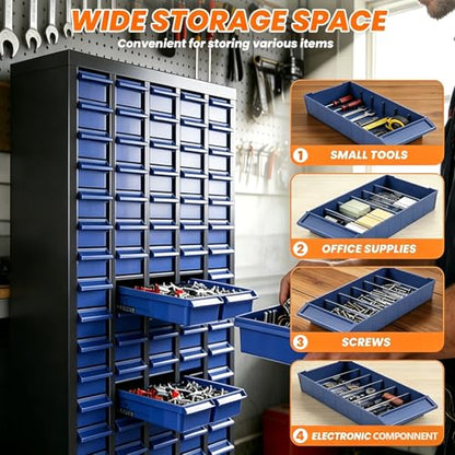 100 Drawer Alloy Steel Nut and Bolt Organizer, ABS Material Bolts Organizer, 26" L×9" W×46" H Drawer Parts Storage Cabinet, with Dividers and Labels for Laboratory, Studio, Home Use/Blue (100Drawer) - size: 100Drawer