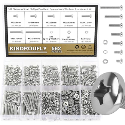 382 Pieces M4 x 5/6 /8/10 /12/16 /20mm Phillips Pan Head Machine Screws Nuts Washers Assortment Kit, 304 Stainless Steel, Fully Machine Thread - size: M4