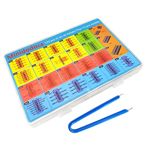 IC Chips kit Minidodoca 173 pcs 20 Values Chip Assortment Set+12 pcs Sockets;Integrated Circuits op amp kit 555 Timer IC Included NE555,LM358, LM324, LM393, LM339, NE5532, LM386,UA741,IC Plier etc - style: 173pcs ic kit