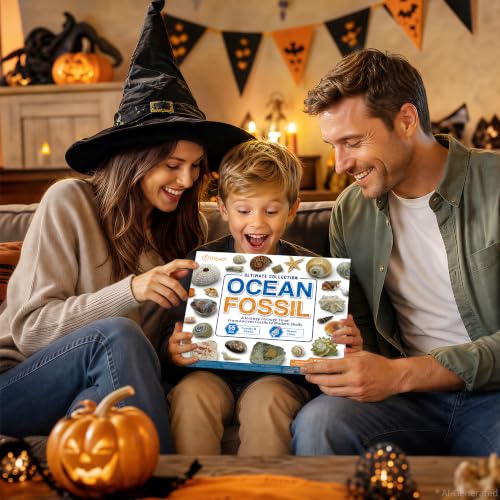 PIBEX Ocean Fossil Collection Kit, 55 PCS Labeled Real Fossils & Seashells