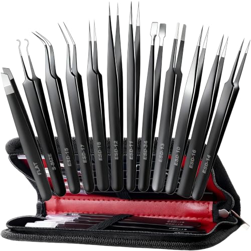 Antonki 12-in-1 Precision Metal Tweezers Set with Leather Case - color: Black