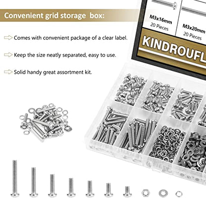 562 Pieces M3 x 4/6 /8/10 /12/16 /20mm Phillips Pan Head Machine Screws Nuts Washers Assortment Kit, 304 Stainless Steel, Fully Machine Thread - size: M3
