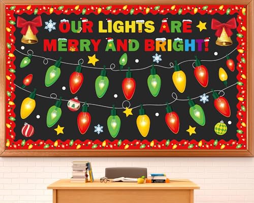 Christmas Bulletin Board Set Xmas Merry and Bright Classroom Decorations Light Bulb DIY Photo Paper Cutouts Winter Holiday Bulletin Board Border for School Wall Xmas Party Decor Teacher Supplies - style: Merry and Bright