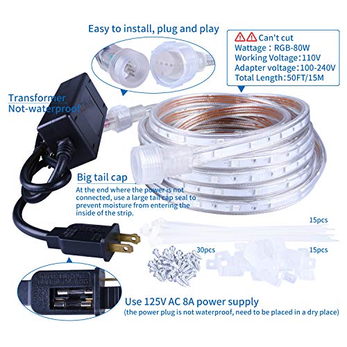 LED Rope Lights 50ft/15m RGB Dimmable Strip Lighting Kit, Flexible 450 LED, 110V, Waterproof, Male and Female Connectors, Power Plug Built-in Fuse Design, Infrared Remote Control - size: 15M