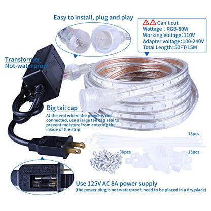 LED Rope Lights 50ft/15m RGB Dimmable Strip Lighting Kit, Flexible 450 LED, 110V, Waterproof, Male and Female Connectors, Power Plug Built-in Fuse Design, Infrared Remote Control - size: 15M
