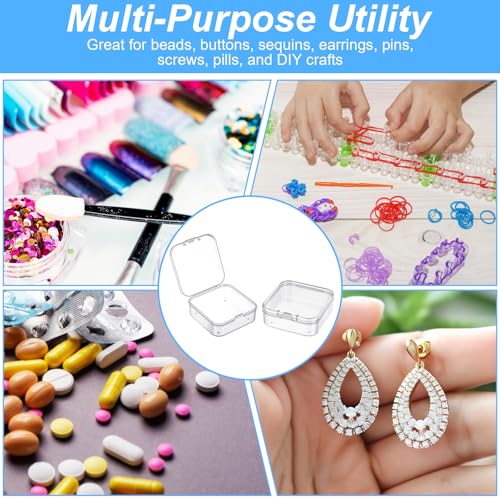 100 Pcs Small Plastic Bead Storage Containers with Lids - Clear Hinged Organizer Boxes for Jewelry, Crafts, Beads, DIY Supplies, Hardware, Pills & Small Parts Organizing (2.14” x 2.14” x 0.8”)