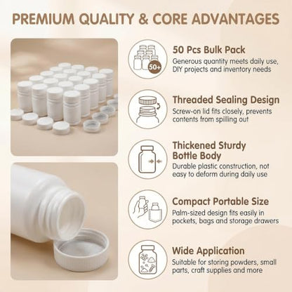 50PCS White Empty Solid Plastic Bottle Case Holder Container Vials Box with Screw Cap for Powder Sample Storage (60ml)