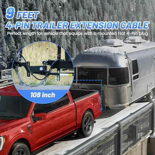 MECMO 4 Pin Flat Trailer Extension Cable 9FT, 18AWG 4 Way Trailer Wiring Conenctor Harness Vehicle-Side Trailer-Side 4 Prong Trailer Light Plug Trailer Hitch Wire Heavy Duty Copper 108” Jacket Cable - size: 9ft (96 inch)