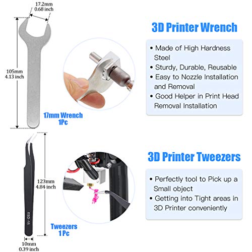 Glarks 29Pcs 3D Printer Nozzle with Nozzle Replacement Tool Kit, 6Pcs 0.2mm,0.3mm, 0.4mm, 0.5mm, 0.6mm, 0.8mm Brass Nozzle and 18Pcs Cleaning Needles and 3Pcs Nozzle Change Tool with Tweezer