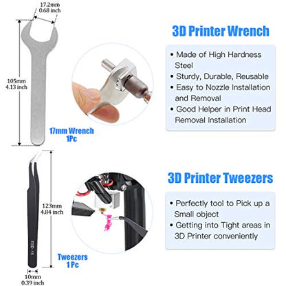 Glarks 29Pcs 3D Printer Nozzle with Nozzle Replacement Tool Kit, 6Pcs 0.2mm,0.3mm, 0.4mm, 0.5mm, 0.6mm, 0.8mm Brass Nozzle and 18Pcs Cleaning Needles and 3Pcs Nozzle Change Tool with Tweezer