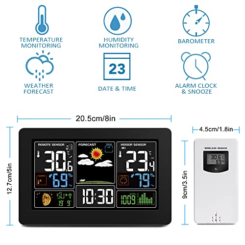 Home Weather Stations Wireless Indoor Outdoor Thermometer, Portable Digital Weather Clock Atomic, Bluetooth Color Forecast Station Estacion Meteorologica Weather Monitor with Alarm
