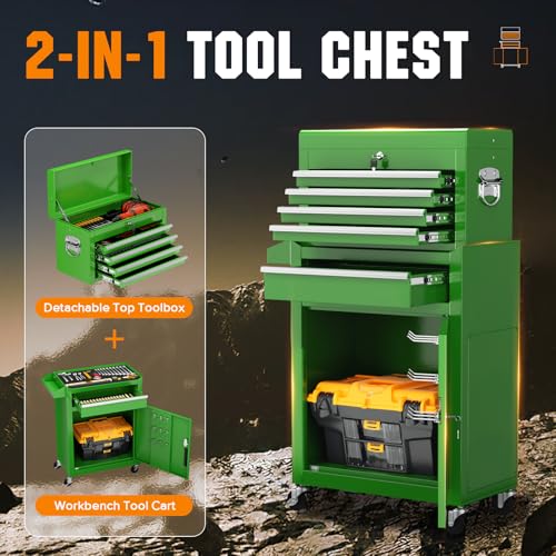 Oakcloud Heavy-Duty 5-Drawer Rolling Tool Chest & Cabinet Combo with Black Liner – Lockable Steel Garage Tool Box on Wheels – Detachable Top Toolbox & Bottom Storage Cart with Side Hooks, Green - color: Green, size: 5-drawer