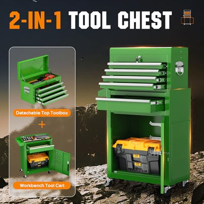 Oakcloud Heavy-Duty 5-Drawer Rolling Tool Chest & Cabinet Combo with Black Liner – Lockable Steel Garage Tool Box on Wheels – Detachable Top Toolbox & Bottom Storage Cart with Side Hooks, Green - color: Green, size: 5-drawer