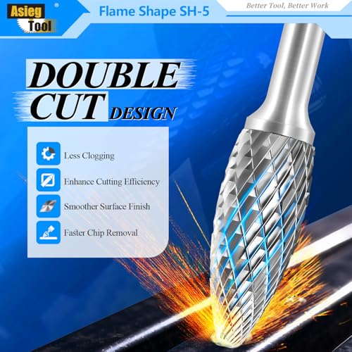 SH-5 Tungsten Carbide Burr Rotary File Flame Shape Double Cut with 1/4''Shank for Die Grinder Drill Bit - 5 Pcs - style: 5pcs SH-5