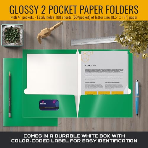 Better Office Products 2 Pocket Glossy Laminated Green Paper Folders, Letter Size, 25 Pack, Green Paper Portfolios, Box of 25 - color: Green