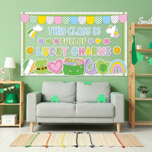 St. Patrick's Day Bulletin Board Decoration Lucky Shamrock Clover Rainbow Gold Coin Irish Clover Cutouts March Classroom Bulletin Board Set for School Chalkboard Wall Door Decoration Favor - style: St. Patrick's Day