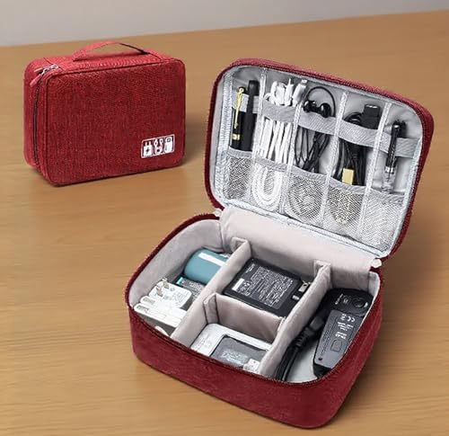Waterproof Travel Electronics Organizer Bag, Portable Cable Case-Red - color: Red, size: Single-Layer