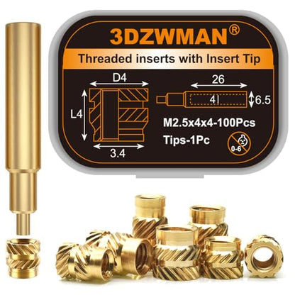 Threaded Inserts with M2-M8 Heat Set Insert Tools,Brass Metric Knurled Nuts for 3D Printing Components and Plastic Parts (M2.5x4x4-100Pcs) - size: M2.5xL4xD4-100Pcs