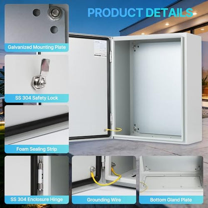20x16x8 NEMA 4X Electrical Enclosure Metal Outdoor Enclosure Box - size: 20"H × 16"W × 8"D