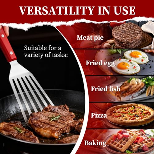 GRILLGEN Fish Spatula Stainless Steel -12.4" Metal Slotted Turner with Full Tang Red Handle, Ultra-Thin Flexible Fish Flipper for Cast Iron Skillet & Grilling, Flipping Eggs & Pancakes, Heavy Duty