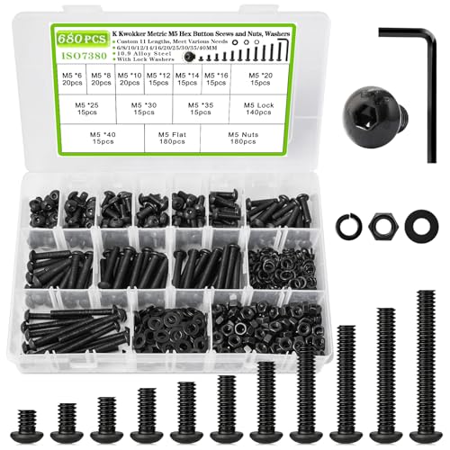 680 x M5 Nuts and Bolts Assortment Kit 6mm-40mm, 11 Length Button Head Hex Socket Cap Machine Screws 12.9 Alloy Steel M5 Screw Assortment, Bolts and Nuts Kit 6/8/10/12/14/16/20/25/30/35/40MM - size: E. M5