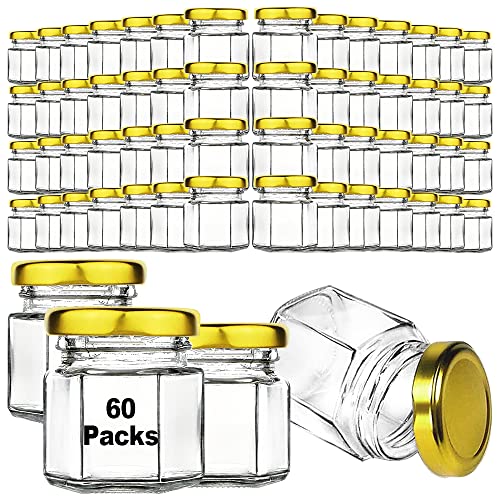 Syntic 60 Pcs 1.5 Oz Mini Honey Jars with Airtight Lids,Hexagon Glass