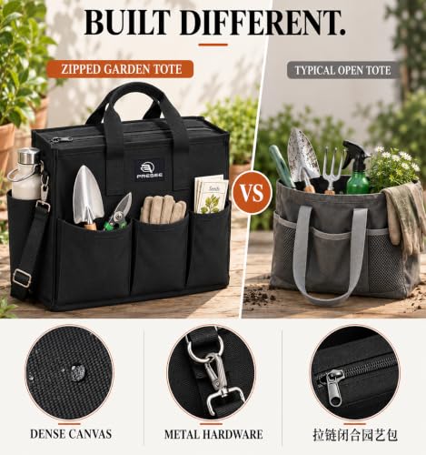 Garden Tool Bag with 9 Pockets & Shoulder Strap, Heavy Duty Gardening Tote Organizer for Tools, Gloves & Supplies, Black