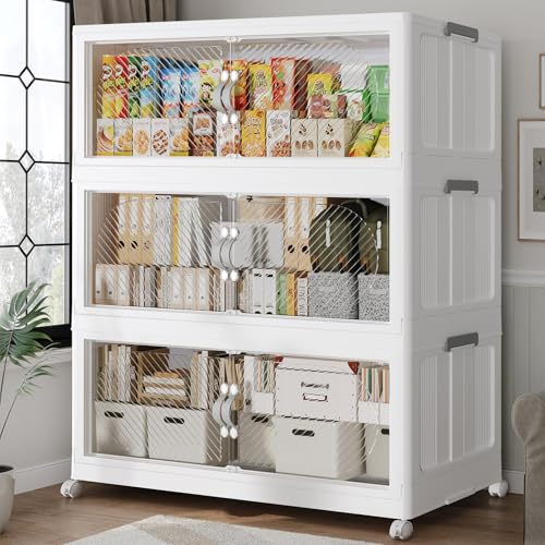 480QT Extra Large Stackable Storage Bins with Lid, 120Gal Plastic Closet Organizers and Storage Drawer, Collapsible Cabinet Box with Wheels Clear Doors for Home Kitchen Office, 3Pack White - size: 160QT