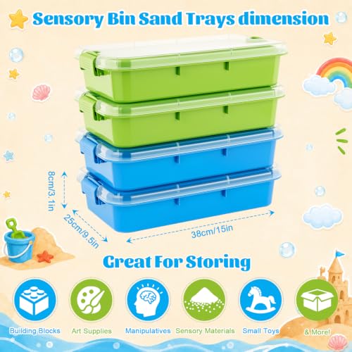 4 Pcs Sensory Bin Sand Tray with Lids for Toddlers, Green & Blue - color: Green & Blue