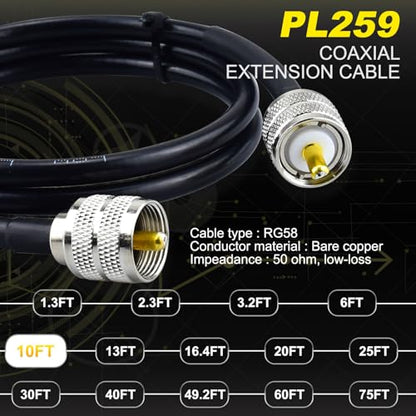 PL259 Coax Cable 10FT - RG58 Coaxial Cable UHF PL-259 Male to Male - color: 1-Pack PL259 Cable, size: 10ft