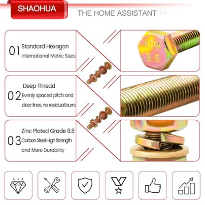 496Pcs Metric Bolt Assortment, M5 M6 M8 Hex Heavy Duty Bolts and Nuts Kit, Grade 8.8 Nuts and Bolts Assortment Kit M5x0.98 M6 x1.0 M8 x1.25 (12mm to 40mm),Yellow Zinc Plated - size: F. M5 M6 M8